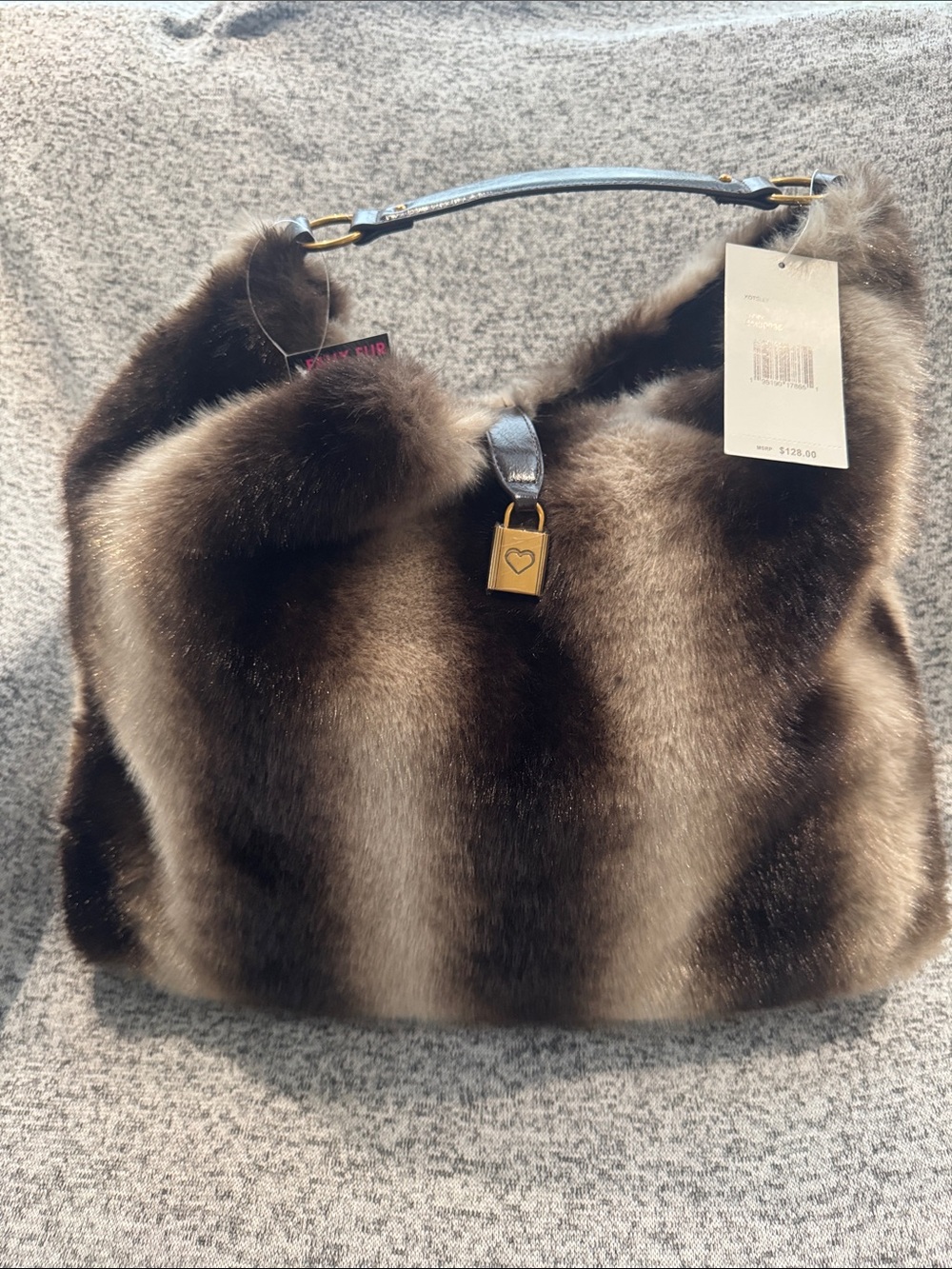 Betsy Johnson Faux Fur Hobo Handbag with Heart Lock - Brown